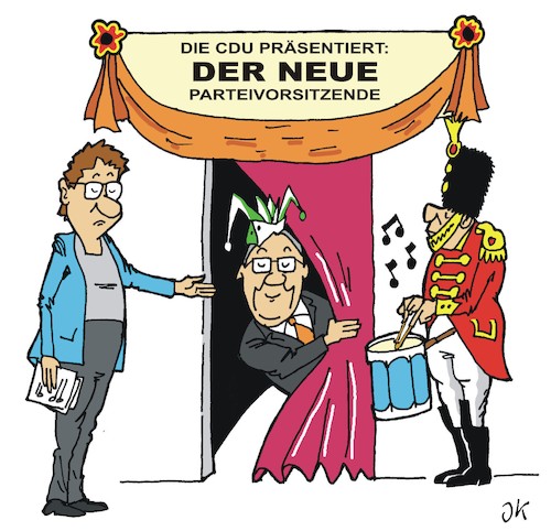 Cartoon: Der Neue (medium) by JotKa tagged cdu,armin,laschet,parteivorsitz,wahlen,merz,wahlkampf,bundestagswahl,einigung,politik,kanzler,kanzlerkandidat,cdu,armin,laschet,parteivorsitz,wahlen,merz,wahlkampf,bundestagswahl,einigung,politik,kanzler,kanzlerkandidat