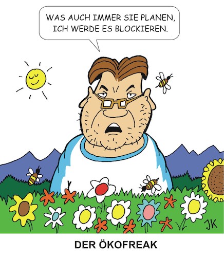 Cartoon: Der Ökofreak (medium) by JotKa tagged naturschutz,umweltschutz,infrastruktur,landwirtschaft,erneuerbare,energien,küstenschutz,mobilität,naturschutz,umweltschutz,infrastruktur,landwirtschaft,erneuerbare,energien,küstenschutz,mobilität