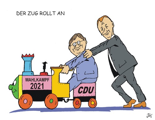 Cartoon: Der Zug rollt an (medium) by JotKa tagged wahlkampf,bundestagswahl,parteien,laschet,merz,politiker,lokomotive,wahlkampf,bundestagswahl,parteien,laschet,merz,politiker,lokomotive