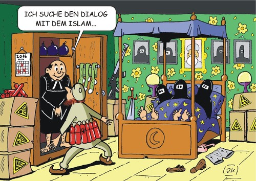 Cartoon: Dialogsuche (medium) by JotKa tagged christentum,islam,kirche,pastor,pfarrer,orgien,nebenbuhler,liebe,dialogsuche,dialog
