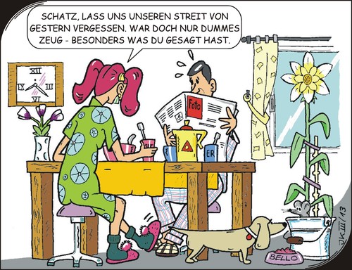 Cartoon: Dummes Zeug (medium) by JotKa tagged frühstück,streit,versöhnung,meinung,ansichten,männer,frauen,beziehungen,beziehungsprobleme,missverständnisse,schlichtung