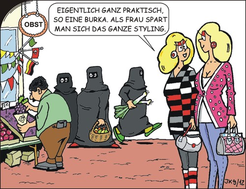 Cartoon: Eigentlich ganz praktisch (medium) by JotKa tagged obst,kleidung,praktische,vermummung,shopping,schminken,integration,ausländer,einkaufen,damen,mädchen,outfit,styling,mode