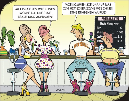 Cartoon: Ein Flirt (medium) by JotKa tagged liebe,leid,beziehungen,flirten,kennenlernen,gegensätze,hassliebe,dating,freundin,freund,trennung,treffen,partnerschaft,bar,lokal,drinks,happy,hour,fuck,them,all,proleten,herz,schmerz,toonpool,jotka