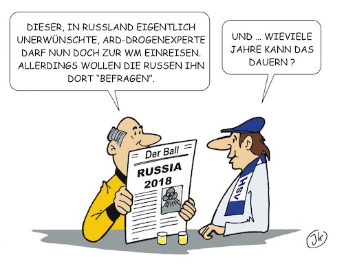 Cartoon: Einreiseverbot (medium) by JotKa tagged fußballweltmeisterschaft,2019,russland,doping,dopingskandal,einreiseverbot,unerwünschte,personen,ard,dopingexperte,fußballweltmeisterschaft,2019,russland,doping,dopingskandal,einreiseverbot,unerwünschte,personen,ard,dopingexperte