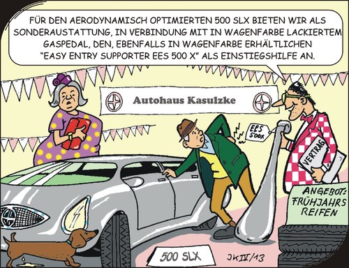 Cartoon: Einstiegshilfe (medium) by JotKa tagged gesundhei,schrotthandel,fachhandel,automobilaustellung,avd,adac,iaa,autosalon,modellwechsel,verkäufer,verkauf,artisten,arzt,operation,bandscheibenvorfälle,rückenleiden,unübersichtlich,unbequem,optimierung,spritverbrauch,windkanal,design,automobilindustrie