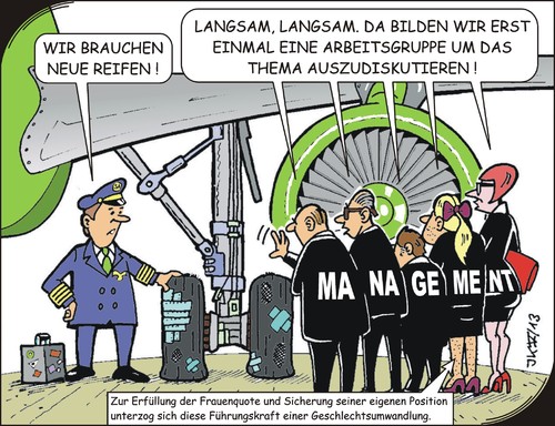 Cartoon: Entscheidungen (medium) by JotKa tagged wirtschaft,luftfahrt,flugzeug,piloten,management,kosten,frauenquote,geschlechtsumwandlung,räder,reifen,fliegen,arbeitsplätze,kostenkontrolle,kostenreduzierung,entscheidungen,führungskräfte,surprise,air