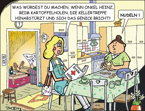 Cartoon: Erste Hilfe (medium) by JotKa tagged frau,mann,keller,treppe,kochen,unfall,rotes,kreuz,ersthelferausbildung,ehepaare,beziehungen