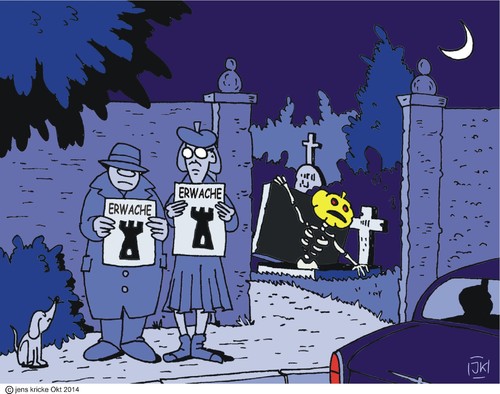 Cartoon: Erwache (medium) by JotKa tagged halloween,geister,friedhof,gräber,mondschein,religion,angst,grauen,schrecken,science,fiction,hund,zeitung,mahnung,sekten,grabstein,tote