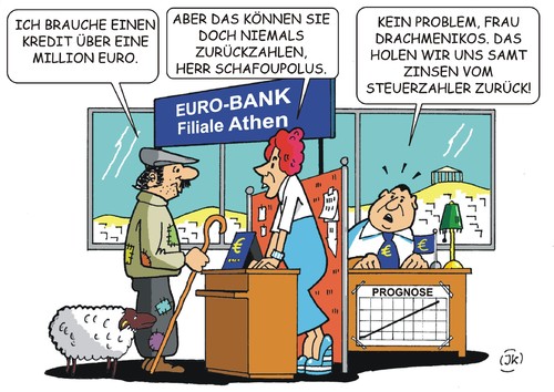 Cartoon: Es war einmal in Griechenland (medium) by JotKa tagged griechenland,euro,krise,staatsfinanzen,staatsbakrott,grexit,eu,eurogruppe,athen,brüssel,troika,steuern,drachme,schafe,schäfer,prognosen,gewinne,zinsen,banken