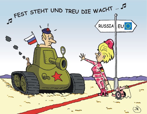 Cartoon: EU-Aussengrenzsicherung 1 (medium) by JotKa tagged bundeswehr,ausrüstungsmängel,eu,aussengrenzen,grenzsicherung,militär,steuern,kosten,materialmängel,bedrohungen,russland,ostgrenzen,nato,politiker,krimkrise,ukrainekrise,putin,bundeswehr,ausrüstungsmängel,eu,aussengrenzen,grenzsicherung,militär,steuern,kosten,materialmängel,bedrohungen,russland,ostgrenzen,nato,politiker,krimkrise,ukrainekrise,putin