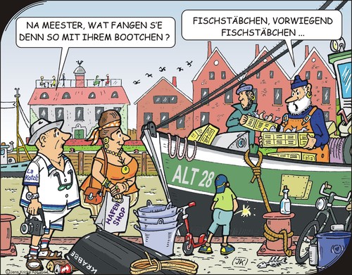 Cartoon: Fragen (medium) by JotKa tagged boot,kutter,schiff,hafen,fischer,fische,krabben,fischstäbchen,matrosen,fahrrad,roller,fass,poller,taue,tampen,körbe,tourist,touristin,shoppen,fotoapparat,kaimauer,häuser,restaurants,flasche,urlaub,reisen,sonne,strand,meer,nordsee,sielorte,fragen,antworten,fischgräte,mode,fischfang,sie,er,männer,frauen,kinder,urin