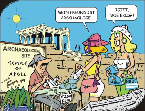 Cartoon: Fremdwörter (medium) by JotKa tagged fremdwörter,sprachen,archäologie,mann,frau,männer,frauen,liebe,beziehung,freundschaft,touristen,altertümer,ruinen,besichtigungen,ausflüge,griechenland,tempel,apollo,eintrittsgelder,beziehungen