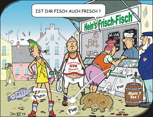 Cartoon: Frischer Fisch (medium) by JotKa tagged reisen,ferien,urlaub,freizeit,tourismus,tourist,sonne,strand,meer,marktplatz,märkte,verkaufsstand,fisch,fischhandel,fischer,fischerei,scholle,flunder,hering,sport,sportverein,frisch