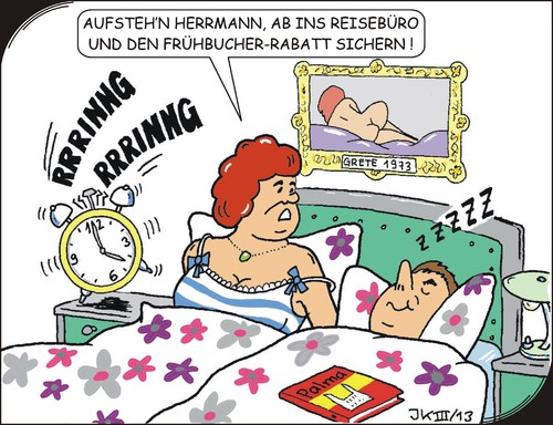 Cartoon: Frühbucherrabatt (medium) by JotKa tagged frühbucherrabatt,mann,frau,urlaub,ferien,reisen,reisebüro,rabatt,schnäppchen,wecker,schlafzimmer,urlaubsreisen,wellness