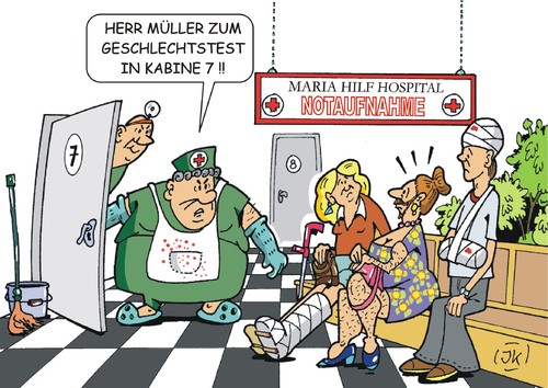 Cartoon: Geschlechtstest (medium) by JotKa tagged geschlechtstest,geschlecht,männlich,weiblich,mann,frau,gesellschaft,krankenhaus,hospital,arzt,notfall,medizin,transvestit,geschlechtstest,geschlecht,männlich,weiblich,mann,frau,gesellschaft,krankenhaus,hospital,arzt,notfall,medizin,transvestit