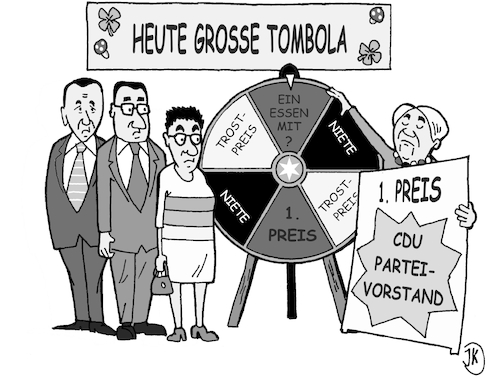 Cartoon: Große Tombola (medium) by JotKa tagged tombola,parteivorsitz,wahl,cdu,vorstand,jens,spahn,friedrich,merz,annegret,kamp,karrenbauer,merkel,parteien,politk,tombola,parteivorsitz,wahl,cdu,vorstand,jens,spahn,friedrich,merz,annegret,kamp,karrenbauer,merkel,parteien,politk