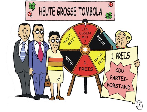 Cartoon: Große Tombola (medium) by JotKa tagged tombola,parteivorsitz,wahl,cdu,vorstand,jens,spahn,friedrich,merz,annegret,kamp,karrenbauer,merkel,parteien,politk,tombola,parteivorsitz,wahl,cdu,vorstand,jens,spahn,friedrich,merz,annegret,kamp,karrenbauer,merkel,parteien,politk