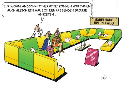 Cartoon: Hermine (medium) by JotKa tagged wohnen,häuser,haus,verkauf,handel,lifestyle,schnäppchen,sonderangebote,frau,mann,kunden,verkäufer,wohnzimmer,möbelhaus,sessel,sofa,wohnlandschaft,leben,mode,trends