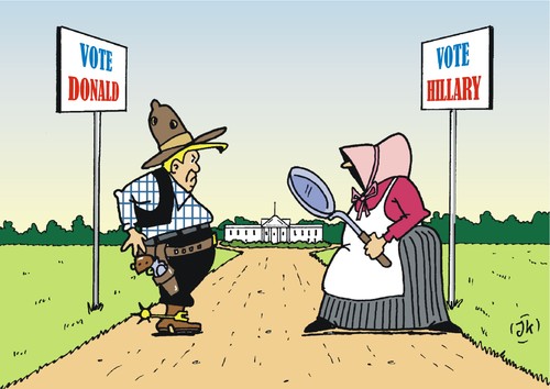 Cartoon: HIGH NOON (medium) by JotKa tagged donald,trump,hillary,clinton,white,house,votings,wahlen,weisses,haus,washington,republikaner,demokraten,wahlkampf,usa,donald,trump,hillary,clinton,white,house,votings,wahlen,weisses,haus,washington,republikaner,demokraten,wahlkampf,usa