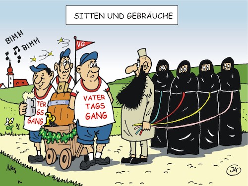 Cartoon: Himmelfahrt 1 (medium) by JotKa tagged feiern,feste,sitten,gebräuche,kirchliche,vatertag,himmelfahrt,vatertagsausflug,männer,gesellschaft,integration,frauen,spass,trinken,burka,feiern,feste,sitten,gebräuche,kirchliche,vatertag,himmelfahrt,vatertagsausflug,männer,gesellschaft,integration,frauen,spass,trinken,burka