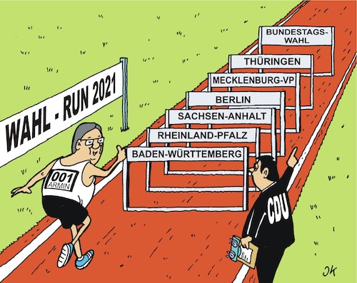 Cartoon: Hürdenlauf (medium) by JotKa tagged armin,laschet,cdu,kanzlerkandidat,landtagswahlen,bundestagswahl,hürden,hürdenlauf,politik,parteien,wahlen,armin,laschet,cdu,kanzlerkandidat,landtagswahlen,bundestagswahl,hürden,hürdenlauf,politik,parteien,wahlen