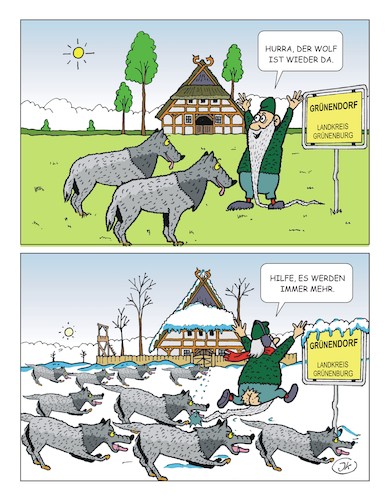 Cartoon: Hurra der Wolf ist da (medium) by JotKa tagged umwelt,wildnis,wälder,kulturlanschaften,nutztiere,schafe,landwirtschaft,bauern,schäfer,wolf,wölfe,raubtiere,ideologien,ideologen,dogmen,umwelt,wildnis,wälder,kulturlanschaften,nutztiere,schafe,landwirtschaft,bauern,schäfer,wolf,wölfe,raubtiere,ideologien,ideologen,dogmen