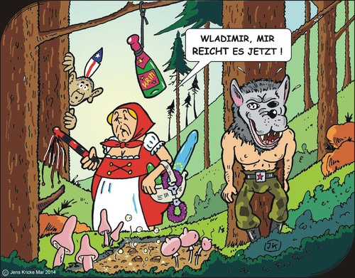 Cartoon: Im irren Märchenwald (medium) by JotKa tagged wirtschaft,versorgung,pipeline,gas,oel,börsen,märkte,rohstoffe,raketenschirm,raketen,nato,sanktionen,boykott,krise,medien,schlagzeilen,steinmeier,obama,merkel,putin,strategie,wahlen,politiker,fachleute,experten,kontaktgruppe,usa,eu,russland,krim,ukraine