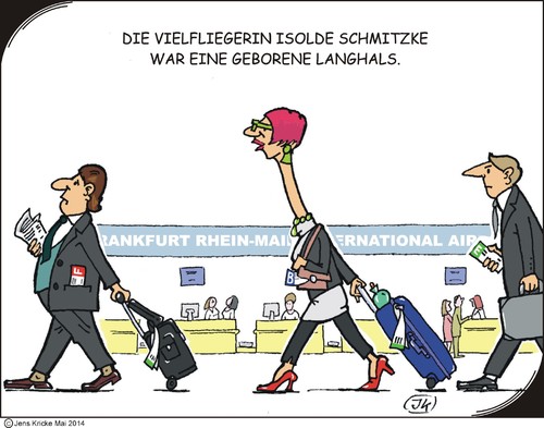 Cartoon: Isolde (medium) by JotKa tagged männer,boss,chef,arrivals,departure,ankunft,abflug,tickets,trolley,geburtsname,koffer,frankfurt,counter,ticket,schalter,urlaub,billigflüge,economy,business,class,first,klasse,erste,reisende,urlaubsreisen,dienstreisen,vielflieger,flughafen,flugzeug,fliegen