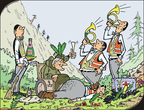 Cartoon: Jagdsaison - Hunting season (medium) by JotKa tagged jäger,jagdrevier,jagdbeute,jagdende,jagdglück,jagdsaison,treiber,knechte,diener,herren,rollstuhl,sekt,champagner,feier,gewehr,waffen,jagdhorn,blasinstrumente,trompete,trophäe,bläser,siegesfeier,triumph,wald,berge,täler,ratten,mäuse,krähen,vögel,erste,hilfe,schrotflinte,traditionen,chef,treue,hunters,hunting,ground,end,luck,season,slaves,servant,gentlemen,wheelchair,bubbly,champagne,celebration,rifle,horn,brass,instruments,trumpet,trophy,victory,forest,mountains,valleys,rats,mice,crows,first,aid,shotgun,traditions,chief,loyalty