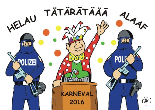 Cartoon: Karneval 2016 (medium) by JotKa tagged karneval,rosenmontag,karnevalsfeiern,karnevalsumzüge,bütt,büttensitzung,büttenrede,kriminalität,raub,übergriffe,überfall,flüchtlingskrise,polizei,angst,politik,politiker,jecken,narren,terrorwarnung,bedrohung,feste,feiern,weiberfastnacht,karneval,rosenmontag,karnevalsfeiern,karnevalsumzüge,bütt,büttensitzung,büttenrede,kriminalität,raub,übergriffe,überfall,flüchtlingskrise,polizei,angst,politik,politiker,jecken,narren,terrorwarnung,bedrohung,feste,feiern,weiberfastnacht