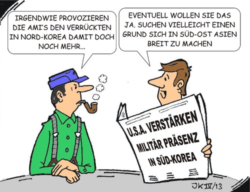 Cartoon: Kim Jong Un und die USA (medium) by JotKa tagged weltherrschaft,hunger,armut,einflussnahme,expansionsgelüste,expansionspolitik,rüstungsindustrie,waffen,kriegstreiber,vergeltung,erstschlag,manöver,obersterführer,irrsinn,wahnsinn,uranbombe,atombombe,usa,südkorea,nordkorea,kimjongun