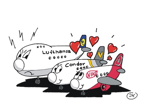 Cartoon: Konkurrenten (medium) by JotKa tagged airberlin,niki,condor,lufthansa,insolvenz,konkurs,wettbewerb,monopole,ferienflieger,airberlin,niki,condor,lufthansa,insolvenz,konkurs,wettbewerb,monopole,ferienflieger