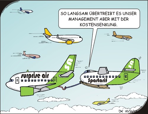 Cartoon: Kosteneinsparung (medium) by JotKa tagged kosteneinsparung,finanzen,geld,wirtschaft,männer,fliegen,flugreisen,flugzeuge,piloten,flugsellschaften,reisen,reisebüros,last,minute,billigflüge,schnäppchenpreise,tarife,urlaubsreisen,dienstreisen,passagiere,surprise,air