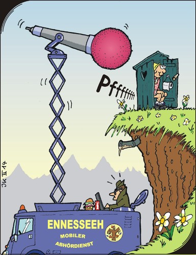 Cartoon: Lauschangriff (medium) by JotKa tagged abhören,abhörskandal,datenklau,internet,hacker,spione,spionage,geheimdienste,nsa,bnd,datenüberwachung,telefonüberwachung,handyortung,obama,merkel,lauschangriff,terror,bürger,privatsphäre,geheimnisse,skandale,toilette,toilettenhäuschen,fäkalien,berge,romantik,alpen,hamburger,cheeseburger,cola,autos,laptop,hüte,brillen,wiese,blumen,abhang,schlucht,abwasser,rohre,schutz,schmutz,panne,reinfall,lächerlich,albern,jotka,politiker,bundestag,parteien,datenschutz,datenschutzbeauftragter