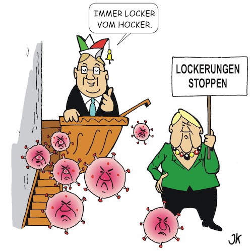 Cartoon: Locker vom Hocker (medium) by JotKa tagged corona,krise,pandemie,lockerungen,lockdown,sperren,mpk,ministerpräsidenten,bundeskanzlerin,merkel,laschet,kanzel,viren,corona,krise,pandemie,lockerungen,lockdown,sperren,mpk,ministerpräsidenten,bundeskanzlerin,merkel,laschet,kanzel,viren