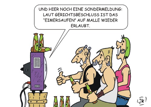 Cartoon: Malle (medium) by JotKa tagged malle,mallorca,balearen,ballermann,eimer,alkohol,sangria,eimersaufen,urlaub,sonne,strand,meer,gerichte,klagen,gerichtsurteile,männer,frauen,prolls,ferien,feiern,bars,kneipen,wellness,koma,komasaufen,tourismus,mallorca,malle,balearen,ballermann,eimer,alkohol,sangria,eimersaufen,urlaub,sonne,strand,meer,gerichte,klagen,gerichtsurteile,männer,frauen,prolls,ferien,feiern,bars,kneipen,wellness,koma,komasaufen,tourismus