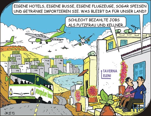 Cartoon: Massentourismus (medium) by JotKa tagged surprise,air,tourismus,massentourismus,geld,umwelt,wirtschaft,flugesellschaft,hotels,hotelketten,reiseveranstalter,arbeitsplätze,gewinn,traditionen,urlaub,urlaubsländer