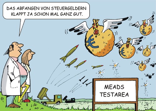 Cartoon: MEADS Test (medium) by JotKa tagged meads,raketen,abwehrsystem,verteidigungsministerium,brd,italien,deutschland,usa,bundeswehr,drohnen,von,der,leyen,entwicklung,tests,versuche,geld,steuern,kosten,meads,raketen,abwehrsystem,verteidigungsministerium,brd,italien,deutschland,usa,bundeswehr,drohnen,von,der,leyen,entwicklung,tests,versuche,geld,steuern,kosten