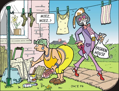 Cartoon: Mieze (medium) by JotKa tagged mode,label,fashion,modell,design,designer,kleidung,accessoires,applikationen,tiere,tierfreunde,tierschutz,haustiere,katzen,liebhaber,schere,sack,wäsche,farbe,haus,leine,tonne,blumen,mützen,hemden,hüte,jacken,mäntel,hosen,schuhe,flaschen,futter,tierfutter,katzenfutter,katzennahrung,suchdienst,vermisst,verschollen,marketing,gewinn,gewinnspanne,tierquäler,tierquälerei