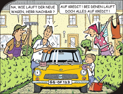 Cartoon: Nachbarschaft (medium) by JotKa tagged wochende,auto,armut,reichtum,banken,kredite,freundschaft,hass,liebe,frauen,männer,gerüchte,tratsch,neugierig,peinlich,gier,neid,nachbarschaftsverhältnis,nachbarn