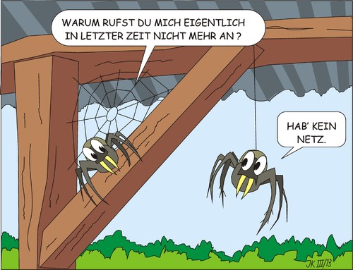 Cartoon: Netzprobleme (medium) by JotKa tagged netze,netzprobleme,netzverbindung,telecommunication,spinnen,landleben