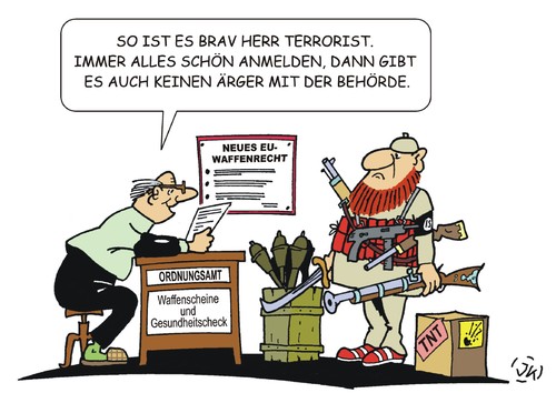 Cartoon: Neues EU-Waffengesetz (medium) by JotKa tagged waffen,schützen,jäger,sportschützen,gesetze,behörden,eu,europäische,union,schützenvereine,terror,terroristen,politik,waffen,schützen,jäger,sportschützen,gesetze,behörden,eu,europäische,union,schützenvereine,terror,terroristen,politik