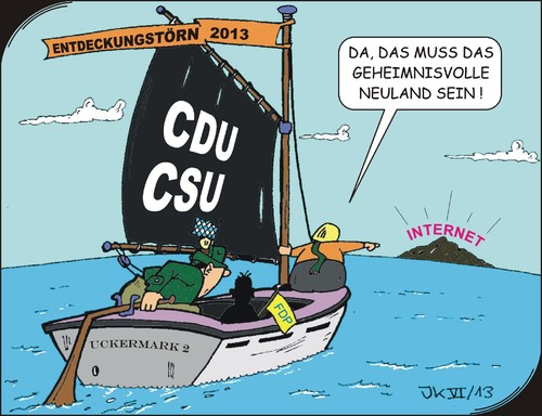 Cartoon: Neulandsuche (medium) by JotKa tagged expedition,forscher,entdecker,segeln,jolle,seefahrt,worldwideweb,online,computer,fdp,csu,cdu,seehofer,neuland,internet,merkel