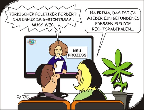 Cartoon: NSU Prozess (medium) by JotKa tagged trauer,würde,anstand,benimmregeln,gastfreundschaft,gastrecht,politiker,medien,neonazis,rechtsradikalismus,rechtsterroristen,mordserie,massenmord,mord,presse,richter,anwälte,verteidigung,oberlandesgericht,münchen,prozess,nsu