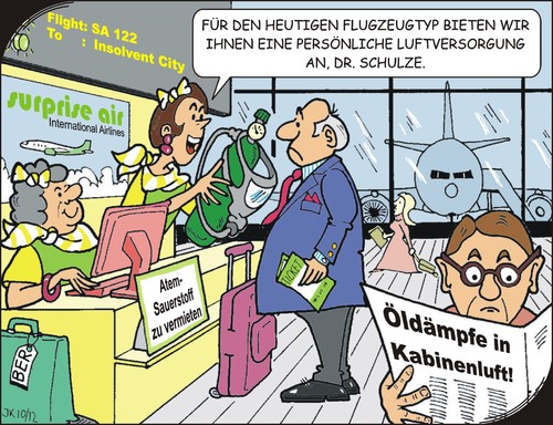 Cartoon: Fürsorge (medium) by JotKa tagged problemlösungen,urlaub,reisen,gesundheit,übelkeit,schwindel,kopfschmerzen,atemnot,ohnmacht,abgase,triebwerksprobleme,triebwerke,flugzeuge,luftfahrt,kabinenluft,öldampfe