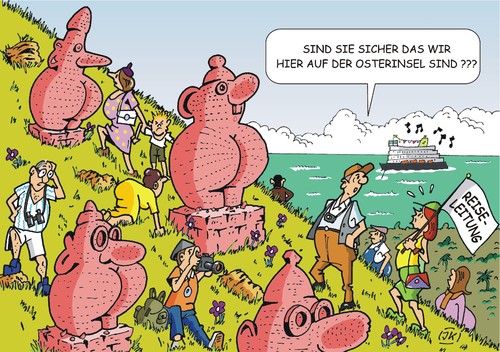 Cartoon: Osterinsel? (medium) by JotKa tagged osterinsel,urlaub,reisen,touristen,reiseleitung,schiffe,kreuzfahrten,unterhaltung,landausflüge,irrtum,sonne,meer,skulpturen