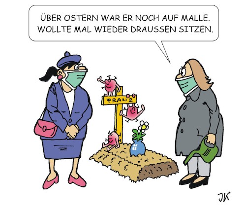 Cartoon: Osterurlaub (medium) by JotKa tagged corona,lockdown,öffnungen,lockerungen,ostern,urlaub,osterurlaub,flugreisen,mallorca,malle,krankheit,tod,corona,lockdown,öffnungen,lockerungen,ostern,urlaub,osterurlaub,flugreisen,mallorca,malle,krankheit,tod