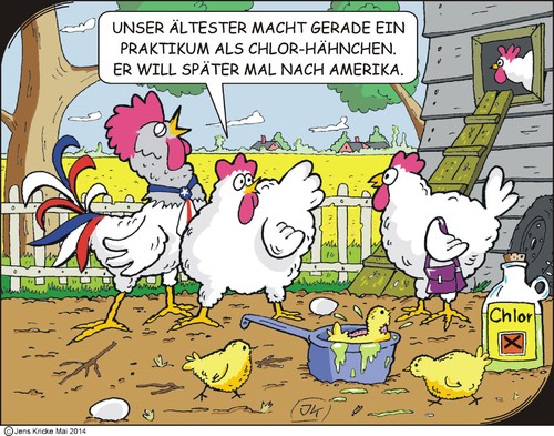 Cartoon: Praktikum (medium) by JotKa tagged hühner,hühnerhof,hähnchen,brathänchen,küken,hahn,henne,ei,eier,hühnerleiter,grillhähnchen,hühnersuppe,lebensmittel,chemikalien,chlor,chlorhähnchen,rapsfeld,freihandel,freihandelszone,freihandelsabkommen,warenaustausch,topf,bio,amerika,eu,europa