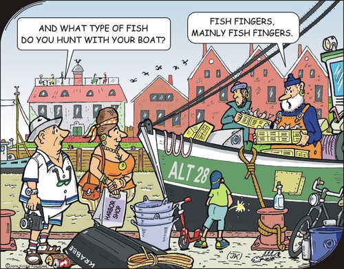 Cartoon: Questions (medium) by JotKa tagged boat,boats,ship,harbor,fishing,fish,shrimp,sticks,sailors,bike,scooter,barrel,bollard,rope,baskets,tourist,shopping,camera,quayside,restaurants,houses,bottle,holiday,travel,sun,beach,sea,north,questions,answers,fishbone,fashion,trips,you,he,men,women,kids,urine