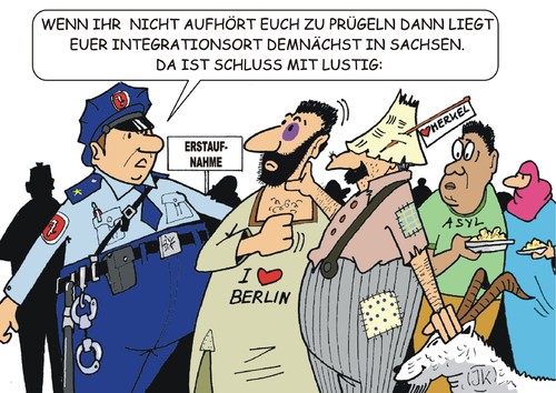 Cartoon: Randale in der Erstaufnahme (medium) by JotKa tagged integration,erstaufnahmelager,streit,gewalt,flüchtlingsheime,schleuser,schlepper,merkel,asylanten,flüchtlinge,wirtschaftsflüchtlinge,asyl,asylpolitik,einwanderung,einwanderungsgesetz,politik,parteien,politiker,asylantenheime,terror,fremdenfeindlichkeit,abschiebung,flüchtlingsströme,lager,erstaufnahme